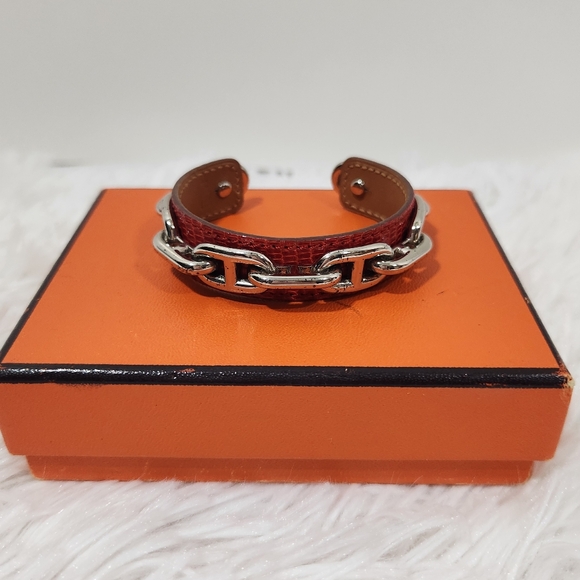 Hermès Chaine D'ancre bangle bracelet red leather silver - Picture 1 of 9